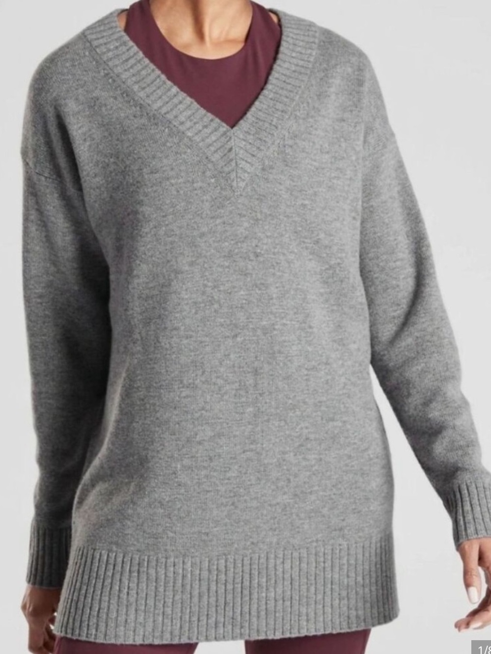 Athleta Wool Cashmere Blend Grey V-Neck Tunic Oversized Sweater S